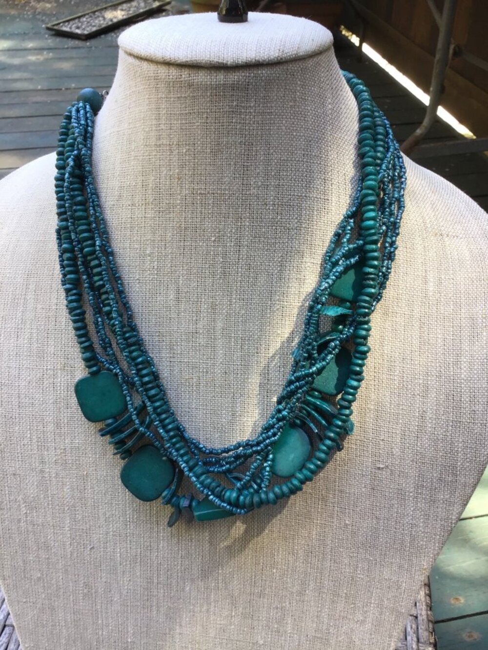 Avenue Necklace & Bracelet Set With Multi-Strand Turquoise-Colored Beads & Geome